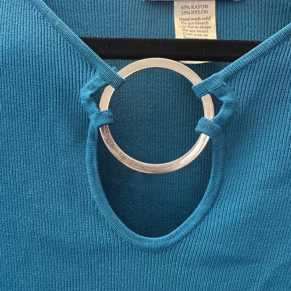 Y2K Versailles New York Teal Ribbed Knit Keyhole Ring Top Teal Blue Size Women M
